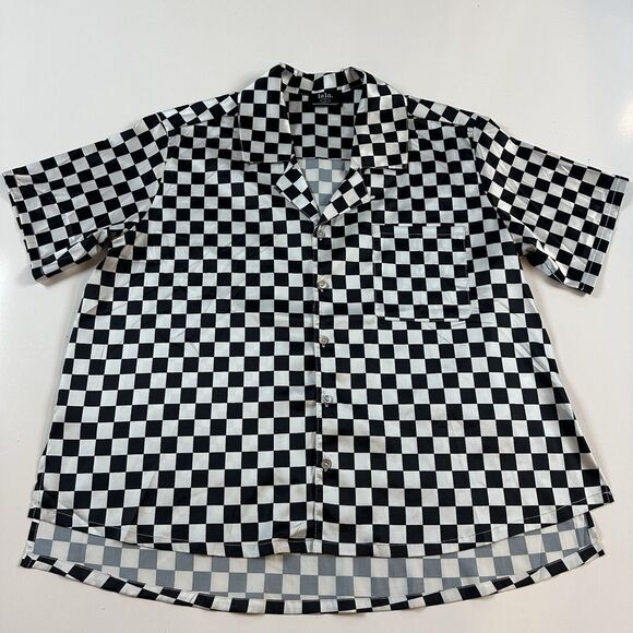 Dressed in LaLa Designer Shirt Black White Checked Button Front Size Small - Picture 2 of 7